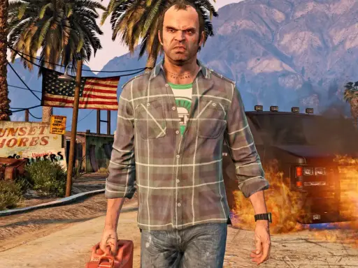 Trevor z GTA V z kanistrem, obok płonącego samochodu i znaku "Sunset Hores". Idealny do gry przez Game Pass!