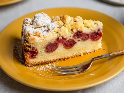 Ein saftiger Kirschkuchen aus der Springform, bestäubt mit Puderzucker und Streuseln, auf einem gelben Teller mit einer Gabel.