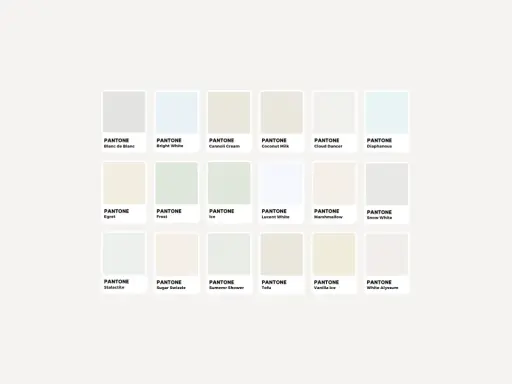 Palette di tonalità bianco caldo: Blanc de Blanc, Egret, Marshmallow, Vanilla Ice e altre sfumature delicate.