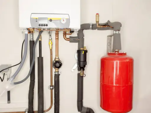 Instalacja grzewcza z kotłem i czerwonym naczyniem przeponowym. Prawidłowy dobór naczynia przeponowego zapewnia efektywną pracę systemu.