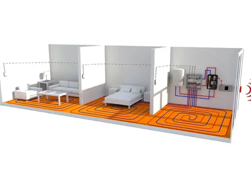 Diagrama de un circuito suelo radiante en una casa con salón y dormitorio. Se ve la instalación de tuberías bajo el suelo.