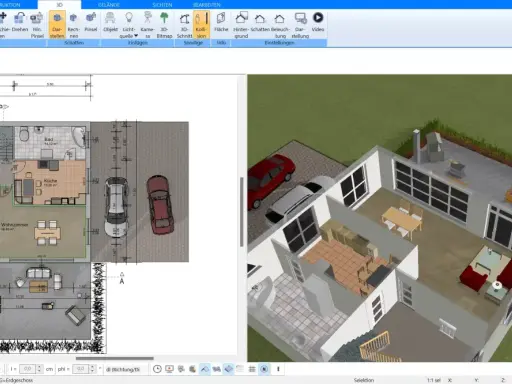 Grundriss und 3D-Ansicht eines modernen Hauses, das die Prinzipien eines Niedrigenergiehaus Definition erfüllt.