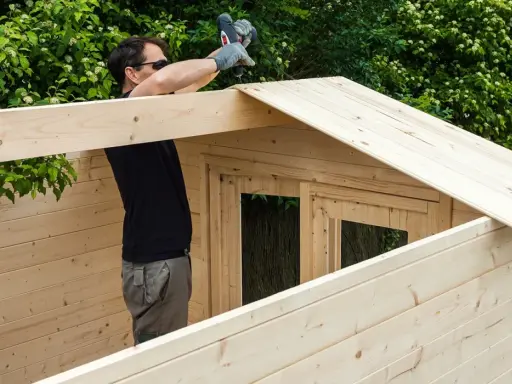 Hombre ensamblando una caseta de jardín con maderas para exterior.
