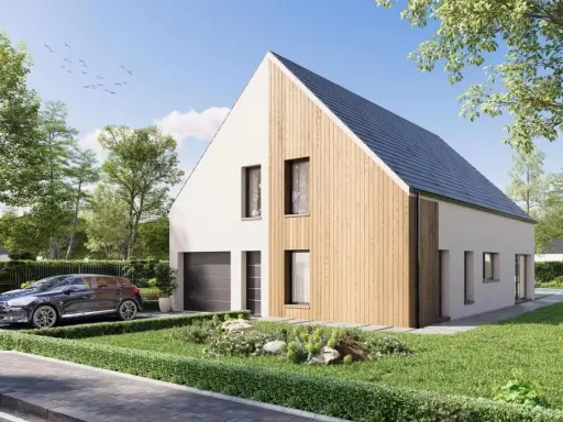 Une maison éco responsable moderne avec bardage bois, garage, jardin soigné et voiture.