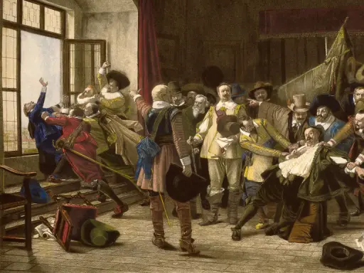 Der Prager Fenstersturz 1618: Männer werden aus einem Fenster gestoßen, ein dramatischer Moment der Geschichte.