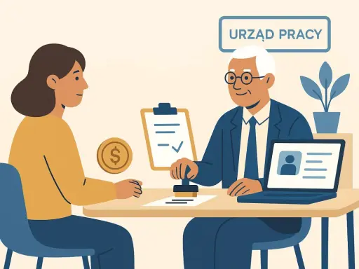 Urzędnik pieczętuje dokumenty, by pomóc kobiecie dowiedzieć się, jak się zwolnić żeby dostać zasiłek dla bezrobotnych.