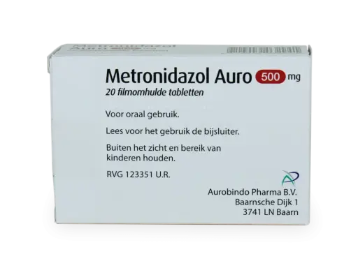 Opakowanie leku Metronidazol Auro 500 mg, zawierające 20 tabletek. Przeznaczony do stosowania doustnego.