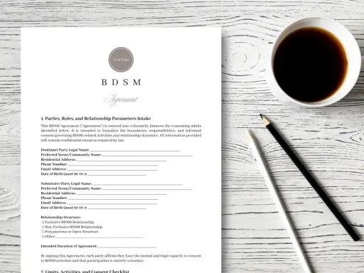 Formularz BDSM Agreement, określający role i parametry relacji. Dokument zawiera pola do wpisania danych obu stron, preferencji i struktury związku.