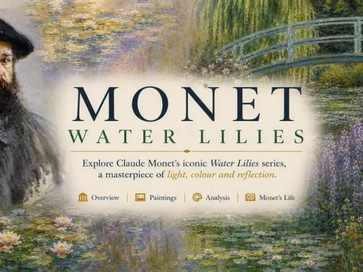 Claude Monet's "le bassin aux nymphéas" (water lily pond) is explored, featuring the artist's portrait, a Japanese bridge, and a woman with an umbrella amidst wisteria.