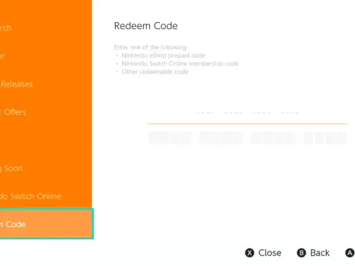 Ekran Nintendo Switch z opcją "Redeem Code" (Zrealizuj kod). Można tu wpisać kod Nintendo eShop, członkostwa Nintendo Switch Online lub inny.