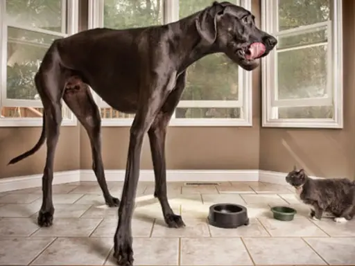 Un Dogue Allemand noir géant, peut-être le chien le plus grand du monde, lèche sa gueule à côté d'un chat gris.