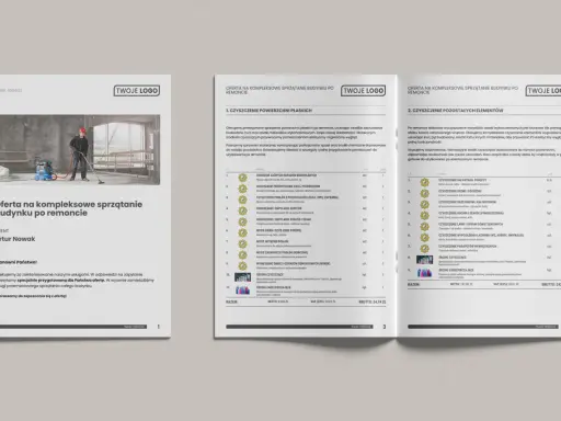 Oferta reklamowa wzór: kompleksowe sprzątanie budynków po remoncie, z pracownikiem i sprzętem.