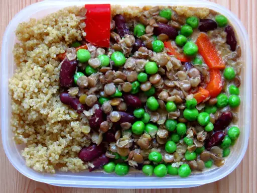 En näringsrik vegetarisk matlåda med quinoa, linser, bönor, ärtor och paprika. Perfekt för en hälsosam lunch.