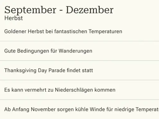 Herbst in New York: Goldener Herbst, Wanderungen, Thanksgiving Parade. Beste Reisezeit? Ja, bis November kühler wird.