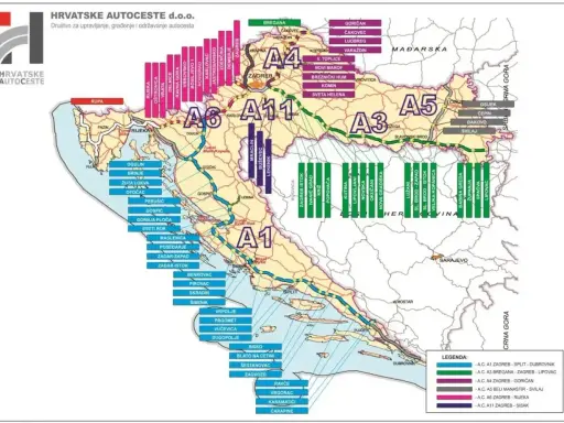 Mapa chorwackich autostrad z zaznaczonymi odcinkami i miastami. Kluczowe informacje o chorwackich opłatach drogowych.