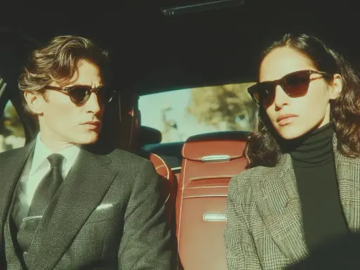 Coppia elegante in auto, lui con completo gessato e cravatta, lei con blazer a quadri. Un'idea per un outfit matrimonio inverno pantaloni chic.
