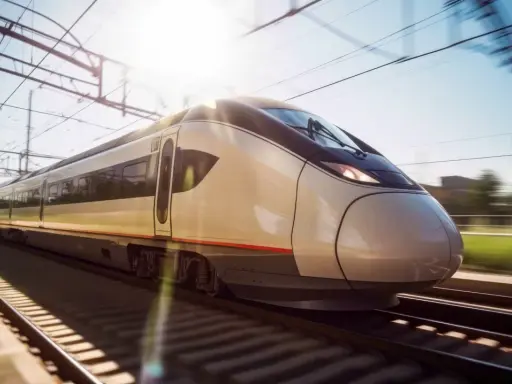 Schneller Zug nach Malaga rast auf den Gleisen. Die Sonne scheint, die Oberleitungen sind sichtbar.