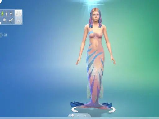 Symulacja Sims 4: Zuzanna Wyspa, piękna syrena z kolorowymi włosami i łuskami, gotowa do zanurzenia się w morskich przygodach.