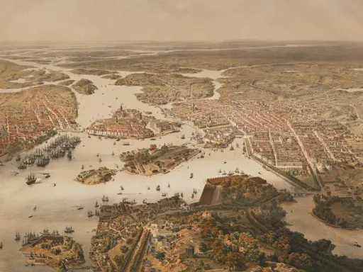 Vy över Stockholm med många fartyg i hamnen, en vy som ger en känsla av stockholms historia och stadens utveckling genom tiderna.