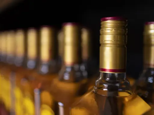 Rząd butelek z alkoholem, z złotymi zakrętkami. Czy to zapasy przed podróżą do Hiszpanii, gdzie obowiązuje limit alkoholu?