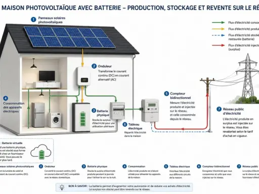 Maison avec panneaux solaires, onduleur, batterie physique et option de batterie virtuelle. Le surplus d'électricité est stocké ou injecté sur le réseau.