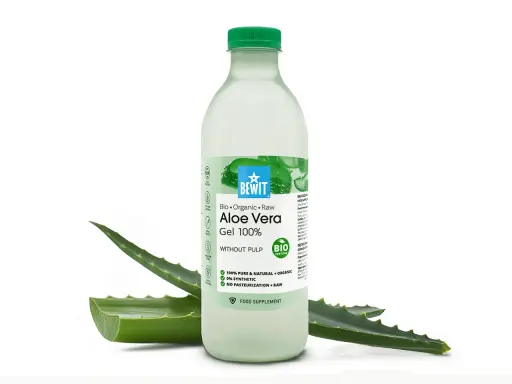 Butelka żelu aloesowego BEWIT Bio Organic Raw Aloe Vera Gel 100% z liśćmi aloesu. Poczuj aloes freedom!