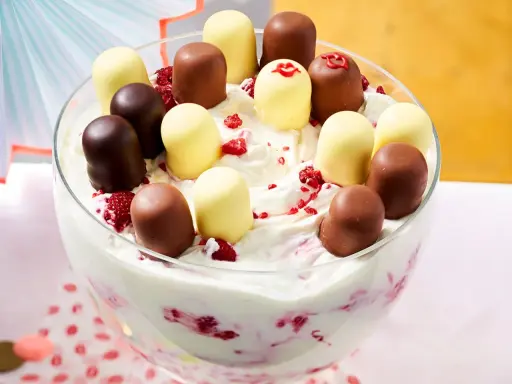 Cremiges Dessert mit Himbeeren und Schoko-Bällen. Perfekte nachtisch ideen für jeden Anlass!