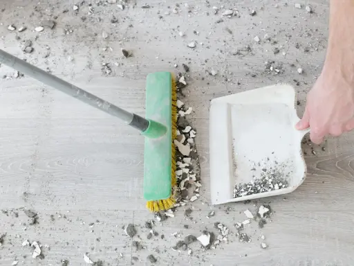 Main d'une personne utilisant un balai et une pelle pour essuyer les plâtres et débris sur un sol en bois.