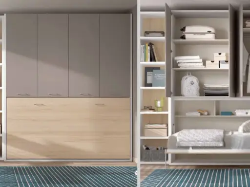 Armario con cama abatible vertical, estanterías y espacio para colgar ropa. Ideal para optimizar espacios.