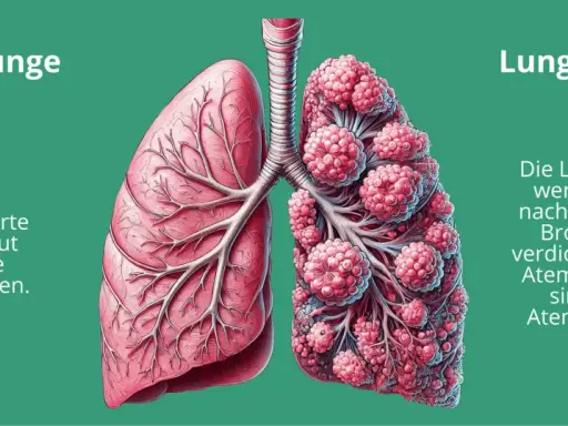 Vergleich von gesunder Lunge und Lunge mit COPD. Die COPD-Lunge zeigt geschädigte Lungenbläschen und verdickte Bronchien, was zu Atemnot führt, auch ohne Husten.