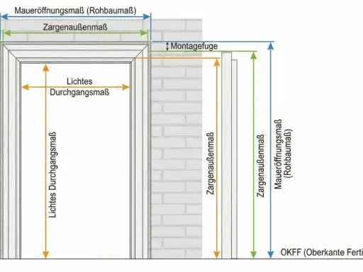 Maße einer Türzarge nach DIN 18100: Maueröffnungsmaß, Zargenaußenmaß, lichte Durchgangsmaße und Montagefuge sind dargestellt.