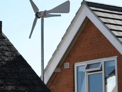 Une petite éolienne maison capte le vent au-dessus des toits.