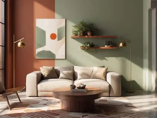 Salon moderne avec mur bicolore, une partie terracotta, l'autre verte. Canapé beige, fauteuil en cuir, table basse en bois.