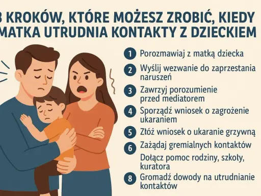 Smutny ojciec z dzieckiem na rękach, matka z gniewną miną. Ilustracja do poradnika "8 kroków, które możesz zrobić, kiedy matka utrudnia kontakty z dzieckiem".