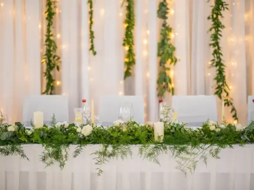 Stół weselny w stylu greenery, udekorowany bujną zielenią, białymi różami i świecami. Tło tworzą zwiewne zasłony i delikatne światełka.