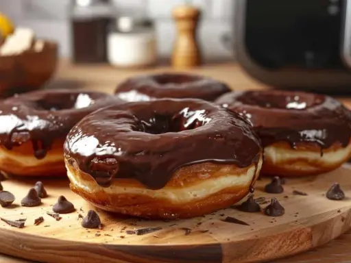 Un beignet au chocolat, généreusement glacé, repose sur une planche en bois. Des pépites de chocolat parsèment la scène.