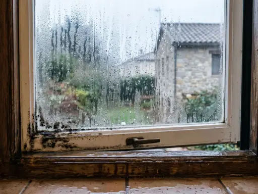 Marco de ventana con moho y gotas de agua. La humedad se acumula en el cristal, empañándolo y dificultando la vista del exterior.