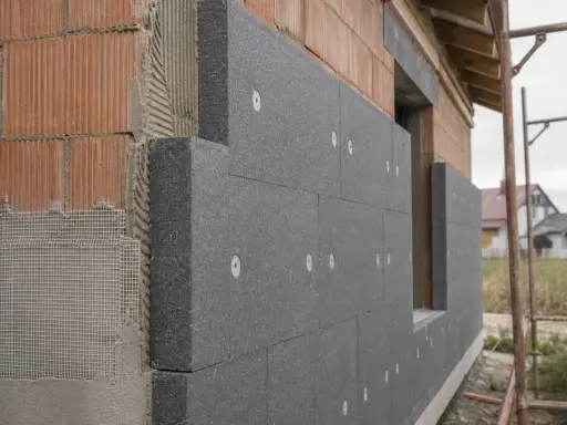 Mur 40 cm z cegły, ocieplony szarym styropianem grafitowym, z siatką i klejem.