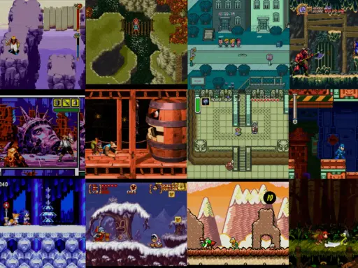 Kompilacja klasycznych gier 16 bit stare gry: bohaterowie walczą, eksplorują lochy i pokonują przeszkody.