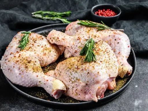 Quatre cuisses de poulet crues, assaisonnées et garnies de romarin, prêtes pour une marinade poulet savoureuse.