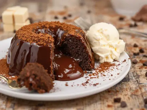Gâteau au chocolat coulant, illustrant la différence entre moelleux et fondant. Servi avec une boule de glace à la vanille.