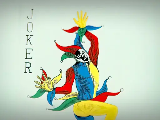 Karta joker w jaskrawych kolorach, z uśmiechniętą twarzą i charakterystycznym nakryciem głowy.