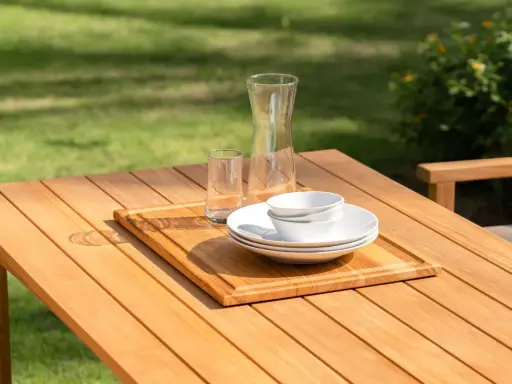 Vacker teakmöbel som behöver behandlas för att behålla sin lyster. Tallrikar, skålar och glas står redo för en utomhusmåltid.