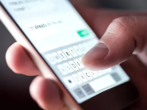 Palec pisze na klawiaturze telefonu, tworząc wiadomość. Widać fragment tekstu "I'm already on my way" i klawisze z literami. To klasyczny przykład polskie znaki w sms.