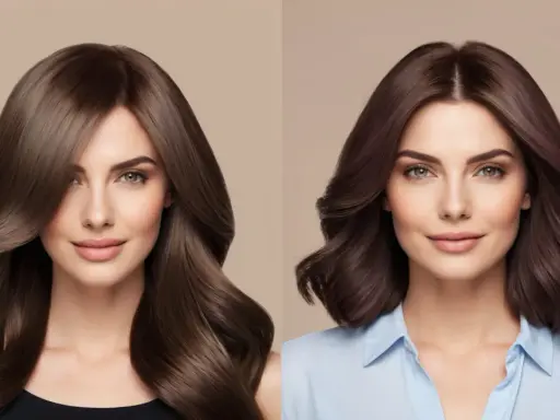 Zwei Frauenporträts zeigen den Unterschied zwischen natürlichem Haar und einer professionellen coloration.