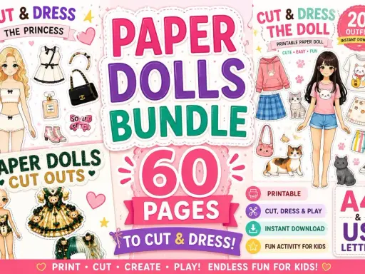 Paper dolls da stampare e colorare, un bundle di 60 pagine per creare e vestire bambole di carta con tanti outfit e accessori.