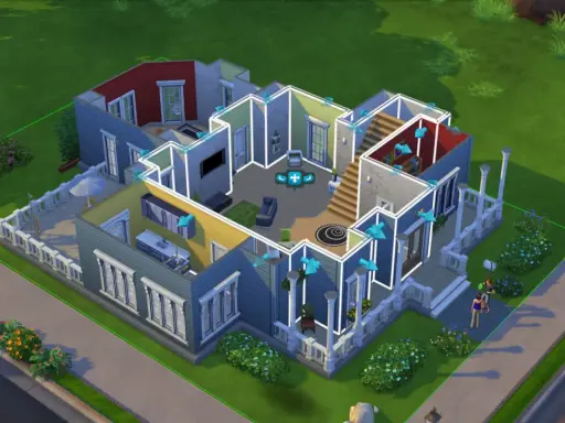 Widok domu z gry The Sims 4, z widocznymi modyfikacjami i zaznaczonymi elementami.