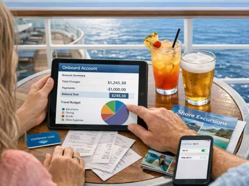 Coppia controlla il bilancio della loro crociera di una settimana su un tablet, con cocktail e birra sul tavolo.