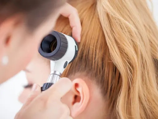 Un dermatologo esamina il cuoio capelluto con un dermatoscopio, eseguendo un pull test per valutare la caduta dei capelli.