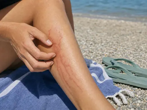 Una persona si gratta il segno rosso sulla gamba, ricordo di un incontro ravvicinato con una medusa. Ecco perché le meduse pungono.